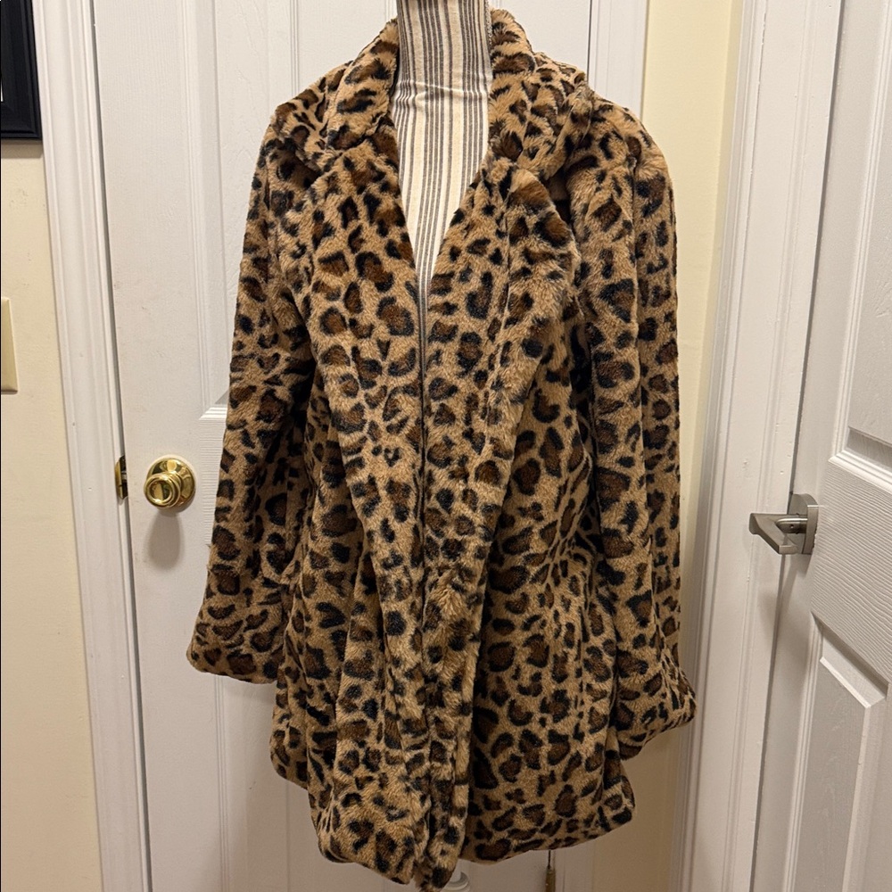 Leopard Print Teddy Jacket - Brown Faux Fur Coat